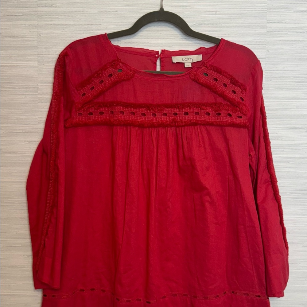 Loft Women's Red Cut-Out- Lace and a ruffle Detail Top. Size S